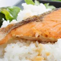 Salmon Teriyaki · Served Salmon with Steamed Rice and Mix Vegetable