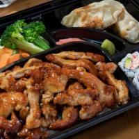 Chicken Bento Box · Recommend.
Served with steamed rice, mixed vegetables, California roll (4 pcs), and dumpling...