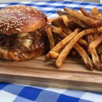 Claudette Burger · pat lafrieda dry aged beef blend, fromage d’affinois brandy glazed caramelized onions, truff...