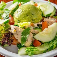 Chicken & Guacamole Salad · Lemon chicken breast over cool salad with guacamole. All salads come with Romaine mix, cucum...