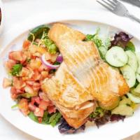 Salmon Salad · Delicious salmon grilled to perfection. (Salmon is served plain, can be cooked with Cajun or...