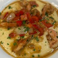 Shrimp & Grits · Five (5) pan seared shrimp over homemade cheddar grits, topped with peppers, onions, tomatoe...
