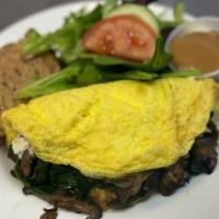 Wild Mushroom, Spinach & Goat Cheese Omelet · wild mushrooms, fresh sauteed spinach & goat cheese omelet