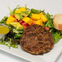 Vegan Cafe Salad · vegan veggie patty, mixed greens, tomato, avocado & mango, cilantro lime dressing