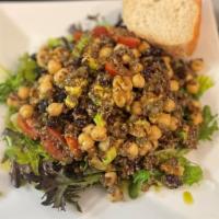 Protein Salad · quinoa, lentils, chickpeas, avocado, walnuts, raisins, tomato & cucumber over mixed greens, ...