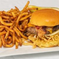 Memphis Burger · Topped with bourbon BBQ sauce, applewood smoked bacon, frizzled onions, spicy slaw and chedd...