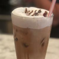 Iced Mocha Latte · cold espresso over ice, milk, mocha sauce, topped with light foam and mocha drizzle