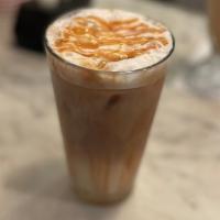 Iced Caramel Swirl Latte · ice, shot of espresso, caramel sauce, milk, topped with foam and caramel drizzle