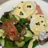 Smoked Salmon Benedict (Gf) · smoked salmon over toasted gluten free bread with poached eggs, capers, red onions & holland...