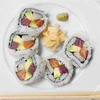 Aki Roll · The foliage colors of salmon, hamachi, tuna and avocado. Comes with shiso leaf and japanese ...