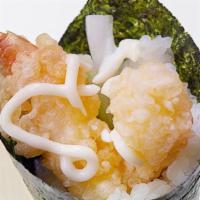 Shrimp Tempura Handroll · Shrimp tempura, cucumber, and mayo.