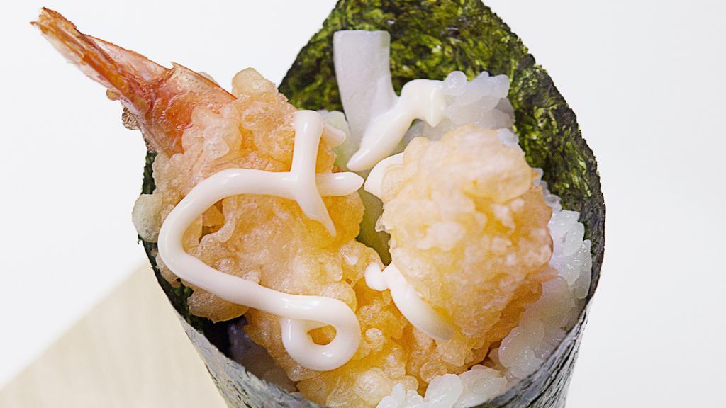 Shrimp Tempura Handroll · Shrimp tempura, cucumber, and mayo.