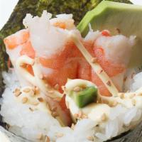 Ebi Jalapeno Handroll · Gluten free.  Seasoned shrimp, jalapeno, avocado, mayo.