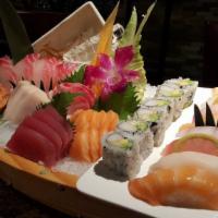 Sushi & Sashimi Combo · Seven pcs sushi and nine pcs sashimi and one California roll.