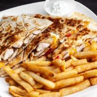 Chicken Quesadilla · Grilled chicken, tomatoes and Monterey Jack and Cheddar cheese.