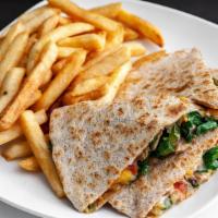 Veggie Quesadilla · Grilled onions, tomatoes, spinach, mushrooms, green peppers and Monterey Jack and Cheddar ch...