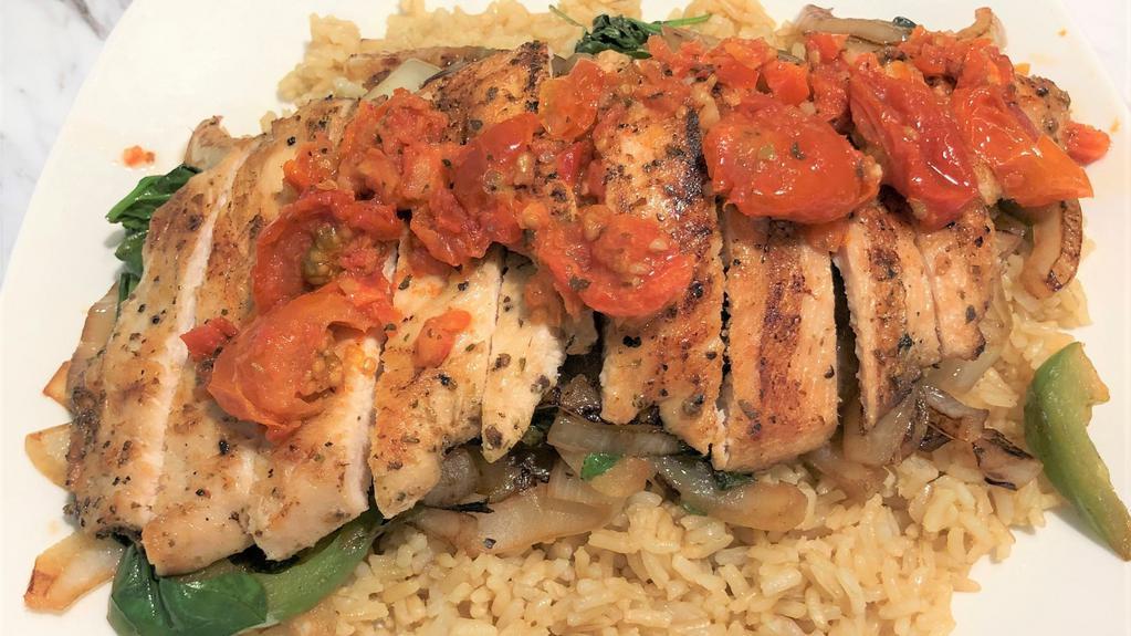 201 Special · Grilled chicken, grilled onions, spinach, peppers, bruschetta over brown rice.