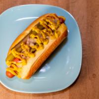 Frankies Chicago Dog · All beef dog with sliced pickles, green relish, diced tomatoes, diced white onions, sports p...