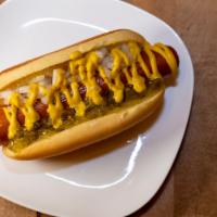 Frankies American · Jumbo beef dog with green relish, diced white onions and yellow mustard.