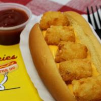 Frankies Tots · All Beef dog with Cheddar Cheese Sauce and Tots