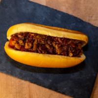 Frankies Hot · A hot and spicy dog with applewood smoked bacon and hot sauce.