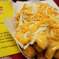 Cheesy Tater Tots · Tots covered in Shredded Cheddar, Shredded Mozzarella and Cheddar Cheese Sauce
