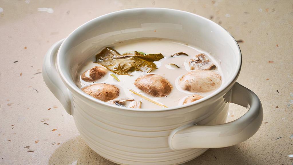 Tom Kha Gai Or Goong · Herbed chicken or shrimp coconut soup with mushroom and galangal.