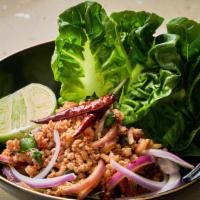 Labb Gai Or Labb Moo · Lettuce wrap ground chicken or ground pork seasoned with red onion, mint leaves, cilantro, c...
