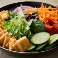 Salad Keak · Mixed green, carrot, cucumber, red onion, tomato, fried tofu serve with peanut dressing.