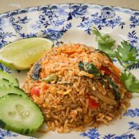 Khao Phad Ka Prow · Basil fried rice with choice of meat, onion, bell pepper, egg, cilantro, carrot, fresh chili...