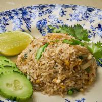  Khao Phad · Thai fried rice with choice of meat, Chinese broccoli, tomatoes, onion, cilantro, carrot and...