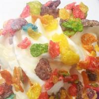 #12    Fruity Bam Bam · fruity pebbles mix home made vanilla ice cream, with honey,whipped cream,fruity pebbles on t...