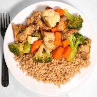 Fuel Teriyaki Plate · Grilled chicken and grilled vegetables glazed with teriyaki sauce. Served with brown rice.