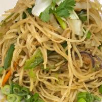 Vegetable Hakka Noodles · Lo-mein noodles topped with mixed vegetables and Indian spices.