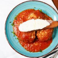 Polpette - Hot · Beef/ricotta meatballs, tomato sauce, crostini and ricotta.