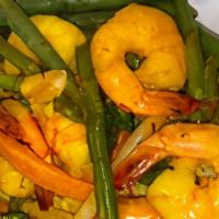 Jumbo Shrimp · shrimp sauteed with saffron garlic shallots, white wine butter, jasmice rice and seasonal ve...