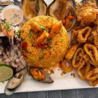 Trío Marino / Seafood Trio · Arroz con marisco o Chaufa de marisco, Jalea, Ceviche de pescado o mixto