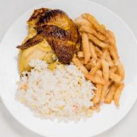 Chicken Platter · 1/4 chicken, salad, consome, French fries and rice.