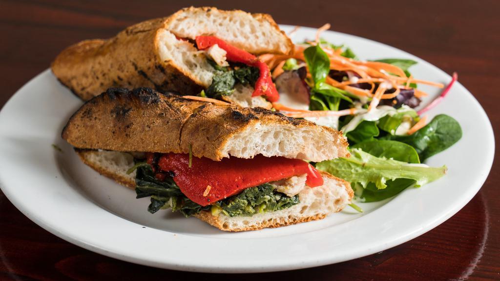 Chicken Panini · Roasted peppers and pesto sauce.