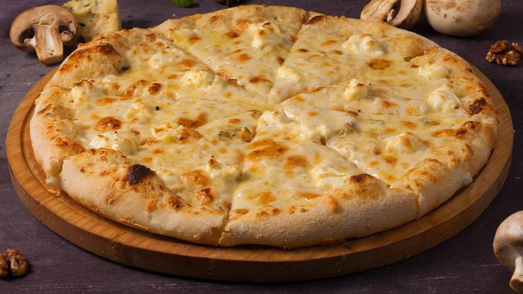 White Pizza · Freshly baked, sauceless pizza prepared with ricotta, mozzarella, and parmesan cheese.