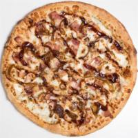 Bbq Chicken Pizza · Freshly baked pizza prepared with BBQ sauce, chicken meat, and mozzarella cheese.