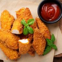 Chicken Fingers (6 Ct) · Golden-crispy chicken fingers baked to perfection. Served with celery and a side of blue che...