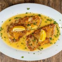 Chicken Francese · Lemon, butter and white wine. Served with your choice of salad, pasta or potatoes and vegeta...