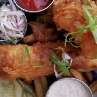 Fish & Chips · Beer-battered Atlantic cod, LN tartar sauce, Old Bay fries, house pickles, caraway slaw.