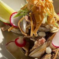 Pork & Clams Pozole · Slow roasted pork shoulder and Littleneck clams in pork and dash bone broth, with hominy, ca...