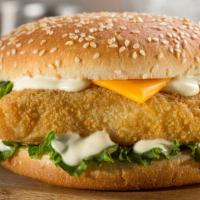 Fried Fish Filet Sandwich · Flaky fish filet stuffed in between a fresh baked bun with your choice of toppings.