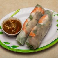 Summer Rolls (2) · Boiled shrimps, slices of pork, vermicelli, mint leaves, lettuce and chive wrapped in paper ...