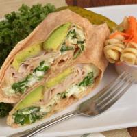 The Skinny · Egg Whites, Baby Spinach, Turkey, Alpine Lace Swiss and Avocado in a whole wheat wrap.