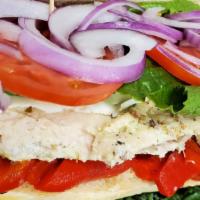 Chicken Tuscany · Grilled chicken, fresh mozzarella, lettuce, tomatoes, roasted red peppers, red onion, with L...