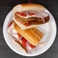 Eggplant Club Combo · Breaded eggplant topped with fresh mozzarella, roasted peppers, red onions, tomatoes and oli...